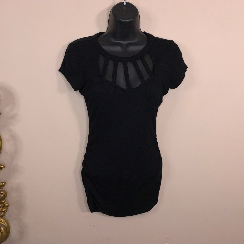 Y2K Small Candies Black Strappy Ribbed Short Sleeve Top Stretch Pinup Knit - Picture 13 of 13